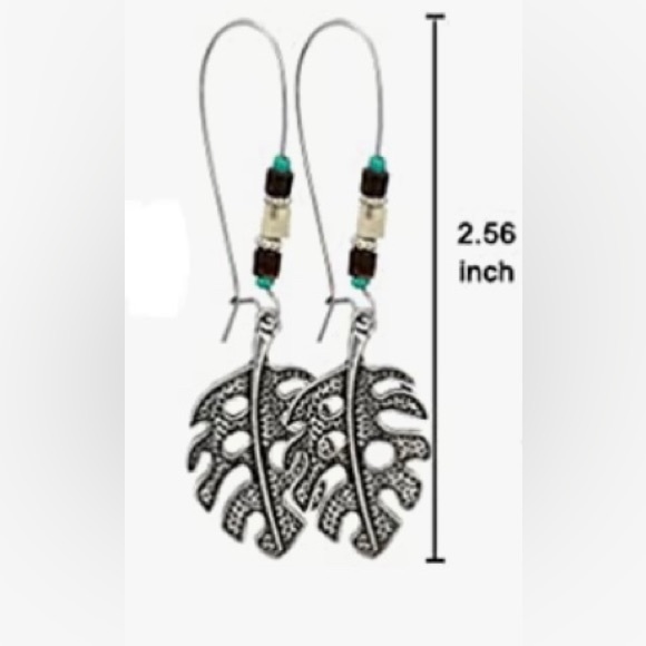 Boho Silver Tone Aqua Beaded Leaf Dangle Earrings and Turquoise Studs - Picture 9 of 16